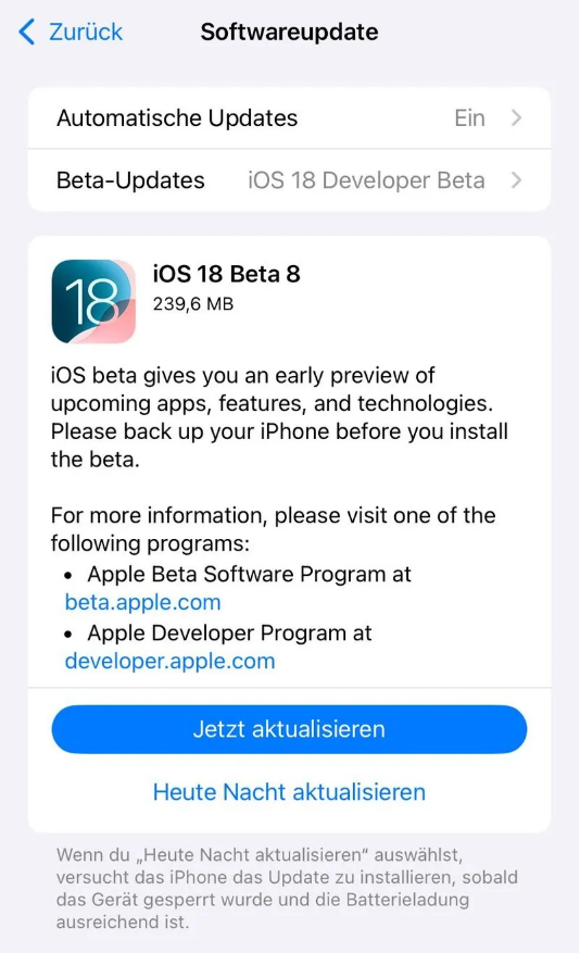 玛沁苹果手机维修分享苹果 iOS / iPadOS 18 开发者预览版 Beta 8 发布 